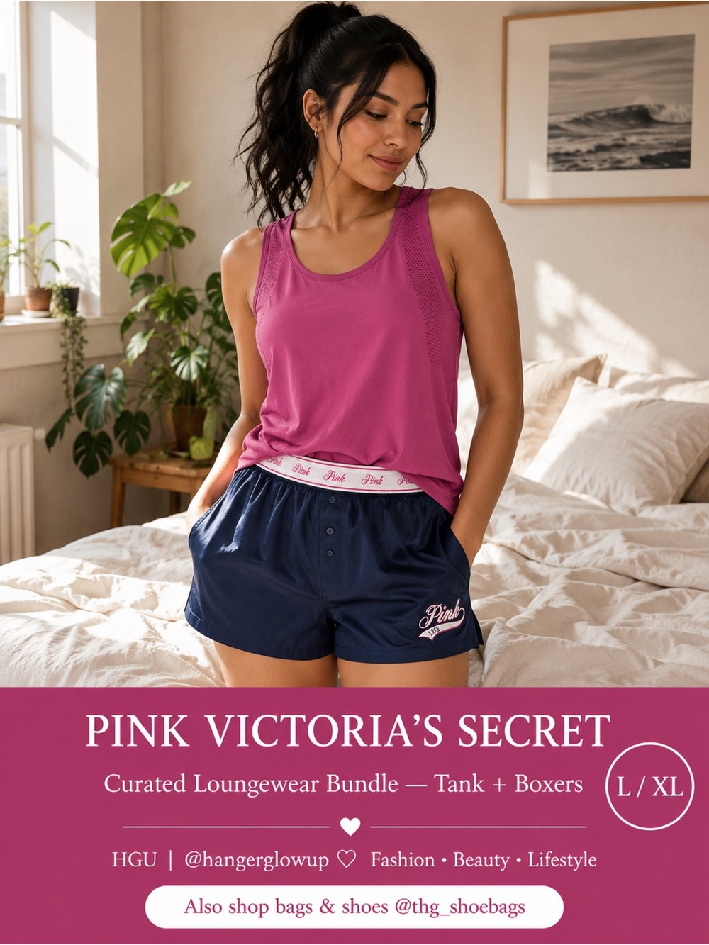 PINK VS Satin Boxer Shorts Tank Bundle XL L Navy Magenta Lounge Sleep